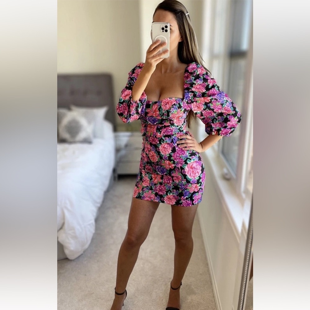 NWT Zara Floral Belted Pink Purple Puff Sleeve Mini Dress Zinnia Cottagecore XS. - Picture 7 of 16